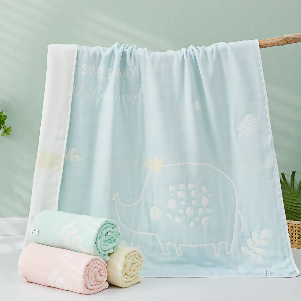 Elephant Cartoon Cotton Baby Blanket-Blue - Image 3