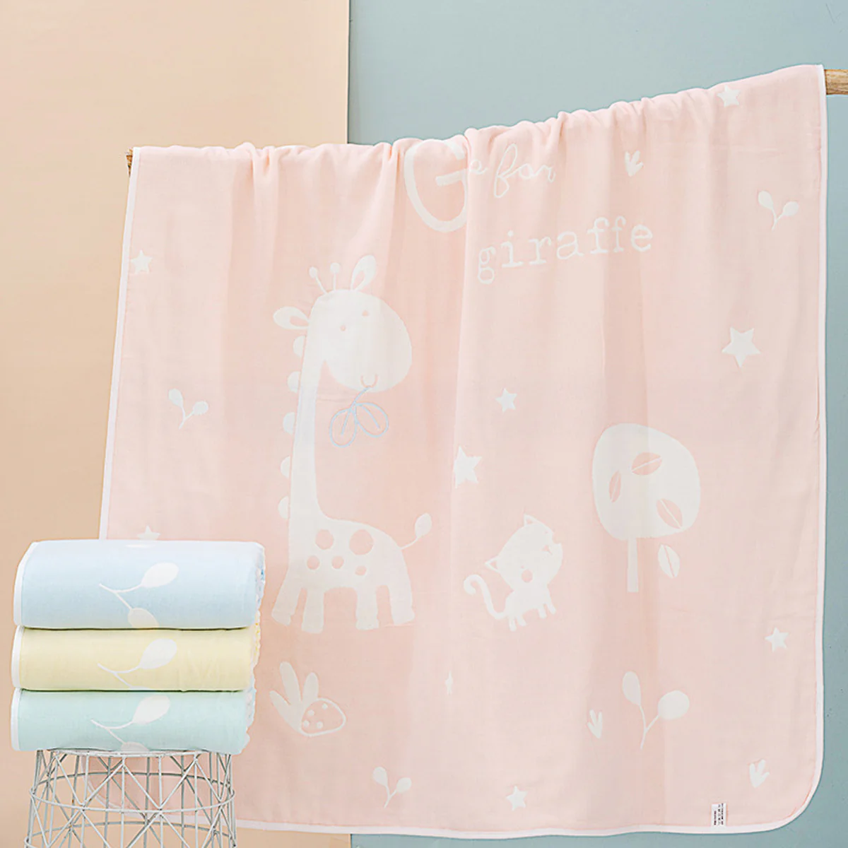 Giraffe Cartoon Cotton Baby Blanket-Pink - Image 3