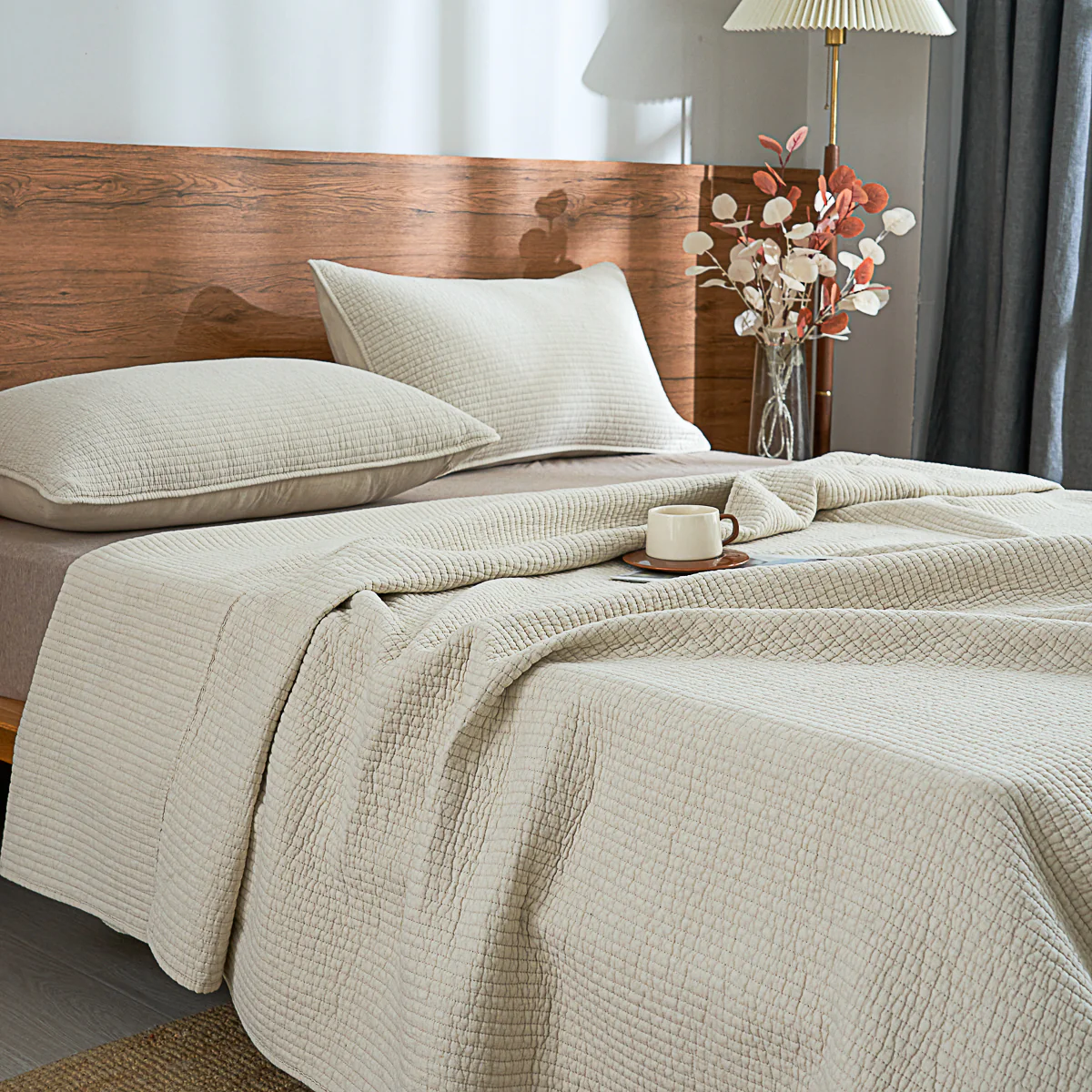 Mocha Beige Solid Color  Cotton Quilt Set - Image 8