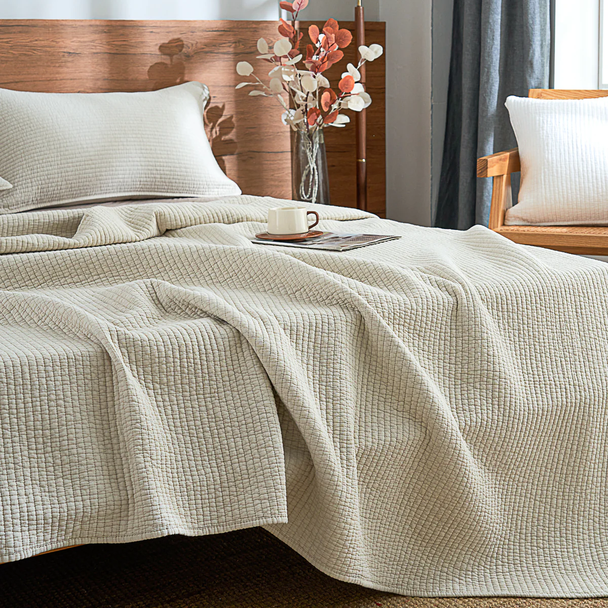 Mocha Beige Solid Color  Cotton Quilt Set - Image 9