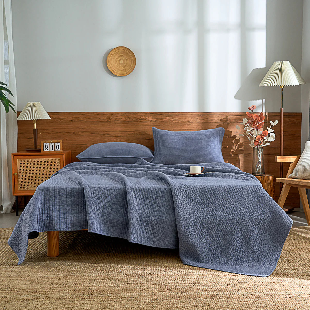 Navy Blue Solid Color Cotton Quilt Set - Image 4