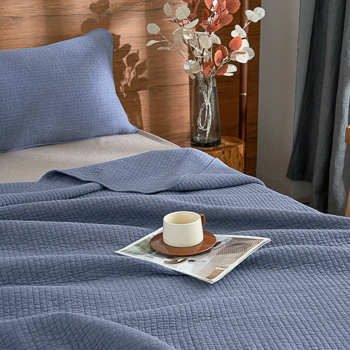 Navy Blue Solid Color Cotton Quilt Set - Image 6