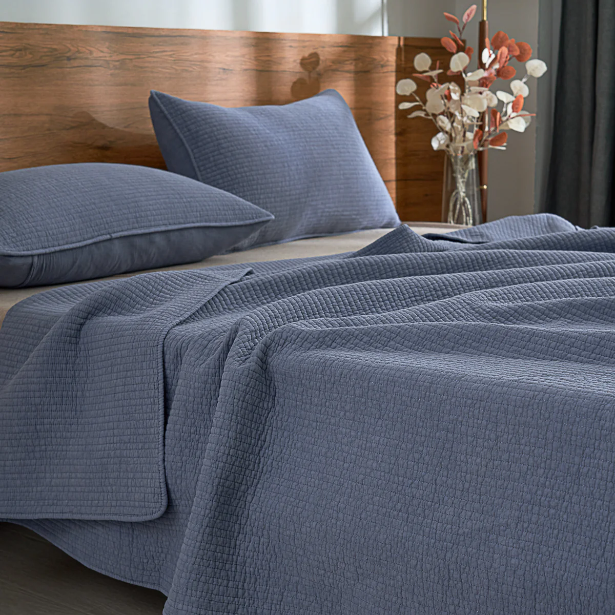 Navy Blue Solid Color Cotton Quilt Set - Image 8
