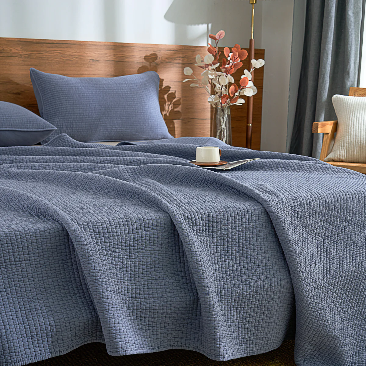 Navy Blue Solid Color Cotton Quilt Set - Image 9